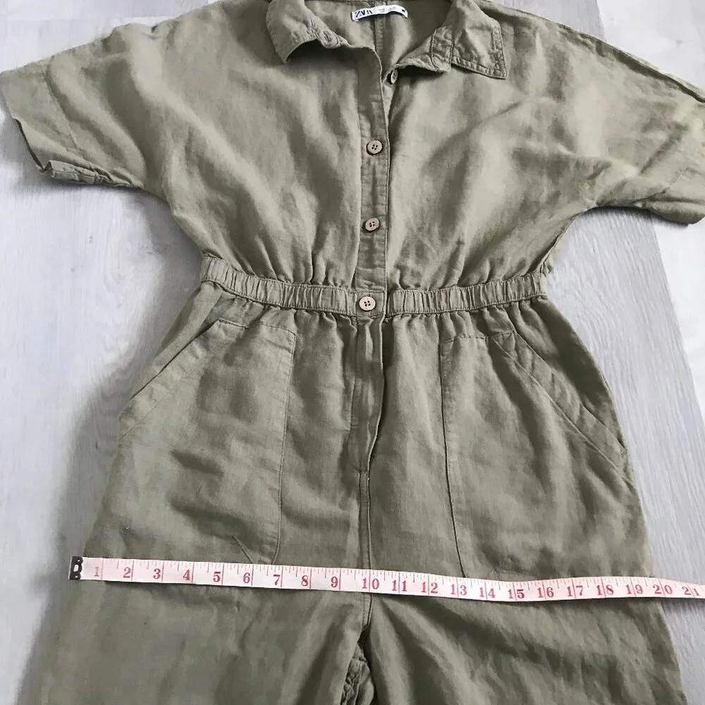 ZARA WOMENS JUMPSUIT GREEN LINEN SHORT SLEEVE WIDE LEG CASUAL SMALL
